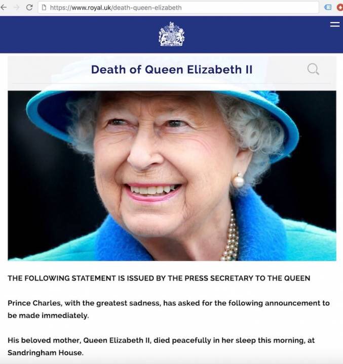 Մեծ Բրիտանիայի թագավորական ընտանիքի պաշտոնական կայքը հայտնել է Ելիզավետա II-ի մահվան մասին (լուսանկար)
