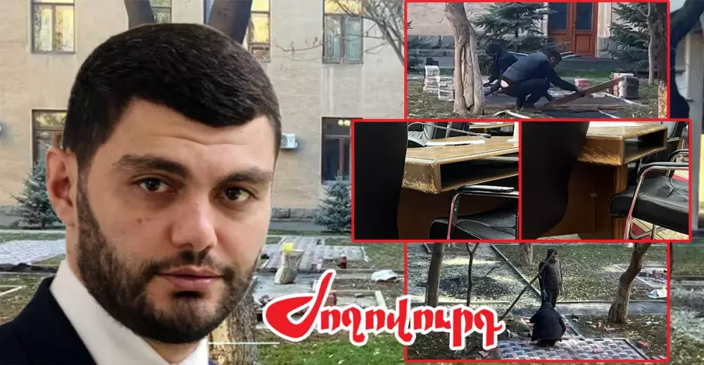 ՖՈՏՈ. Դավիթ Առաքելյանի ցուցումով այս ցրտին սալիկապատում են ԱԺ բակի սրճարանի ճեմուղին, իսկ նիստերի սենյակի սեղանները քերված են, մաշված. «Ժողովուրդ»